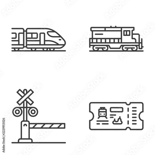 Set of four thin line vector icons related to train transportation and rail travel.