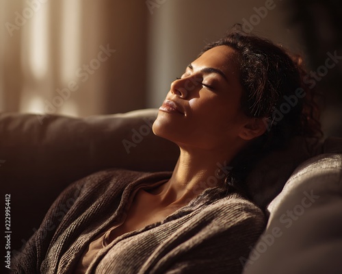 relaxed woman resting on sofa at home with eyes closed. mental wellness, stress relief and self care lifestyle concept