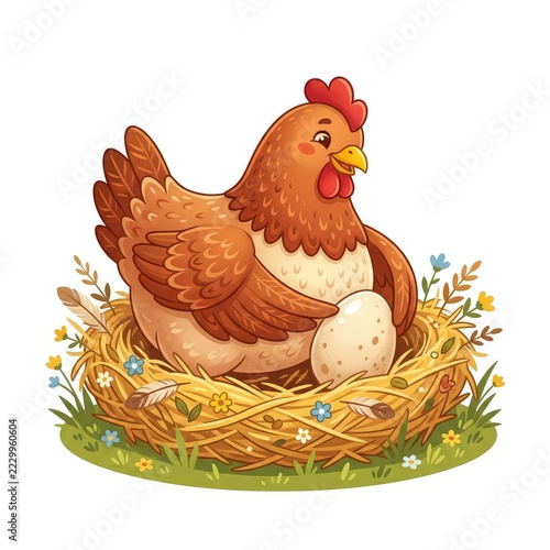Brown Hen Sitting on Straw Nest With Speckled Egg Vector Illustration