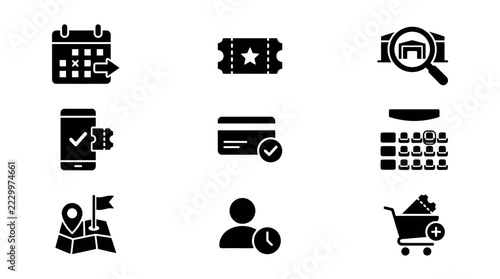 Event ticket booking icon set with cinema pass reservation symbols and mobile checkout