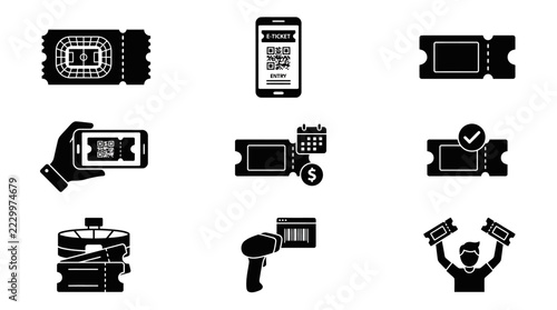 Event ticket icon set with mobile pass digital barcode and admission symbols