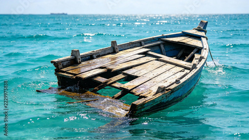 a damaged ship in the middle of the sea