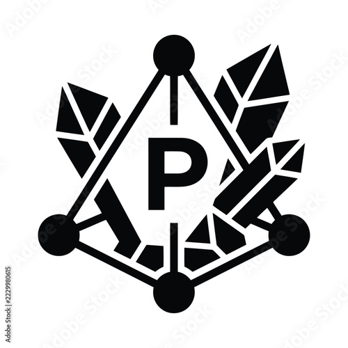 Phosphorus molecule icon with letter P and crystal structure on white background