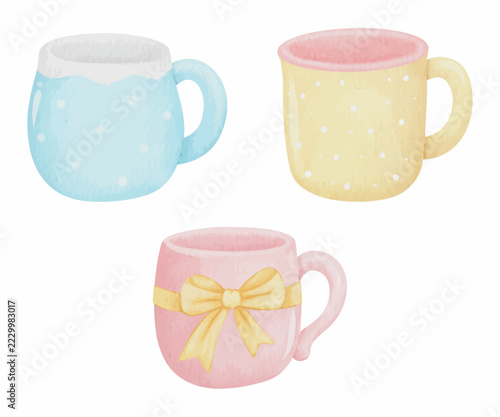 Pastel Ceramic Coffee Mugs with Polka Dots and Ribbon Decoration
