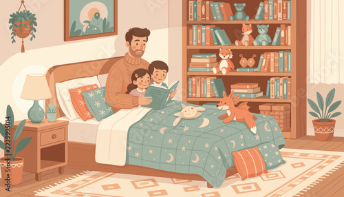 Caring father reading a bedtime storybook to his two children tucked in bed in a cozy bedroom before sleeping.