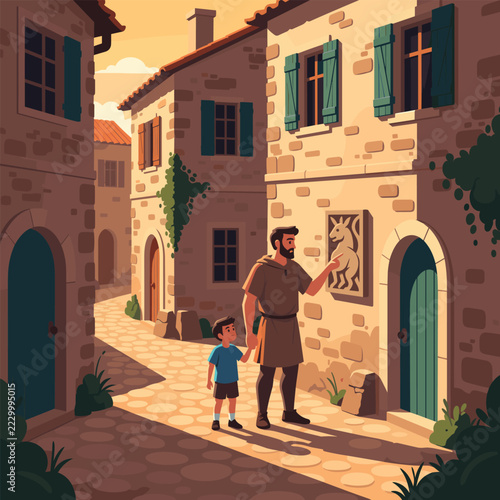 Father showing his young son an ancient animal relief carving on an old stone building along a sunny street.
