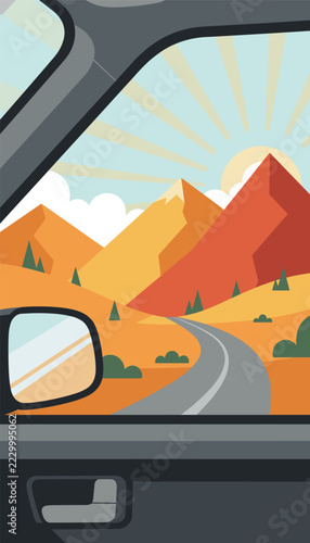 Scenic winding mountain road view through a car window on a bright sunny road trip through golden hills.