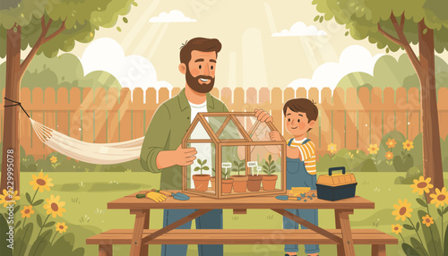 Father and son working on a mini greenhouse with potted plants together on a picnic table in a sunny backyard.