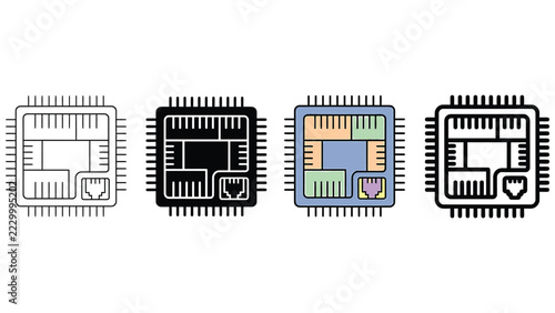 Collection of stylized integrated circuit chip diagrams with various pin configurations and colors