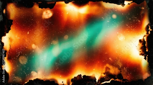 Intense vintage film burn texture with glowing orange light leaks and teal center flare on dark distressed frame edges for cinematic retro overlay and artistic background effects