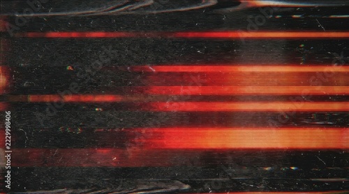 Analog video glitch texture with horizontal red light streaks and grainy noise patterns on a dark background for retro digital media effects and distorted screen display overlays