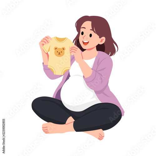 Happy Pregnant Woman Holding Baby Onesie Clothes Flat Illustration