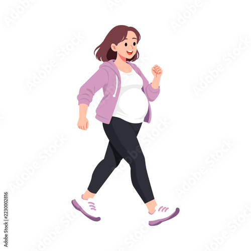 Happy Pregnant Woman Jogging and Exercising Flat Vector Character