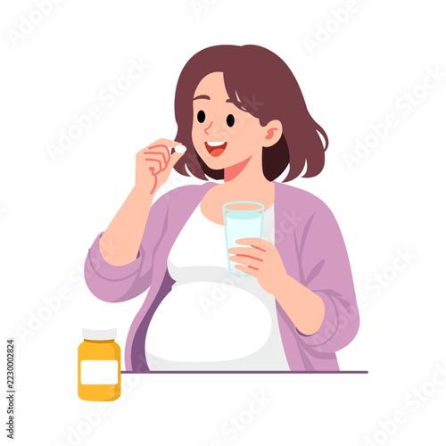 Happy Pregnant Woman Taking Prenatal Vitamin Pill with Glass of Water