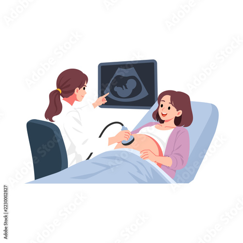 Pregnant woman receiving ultrasound scan from doctor in clinic vector