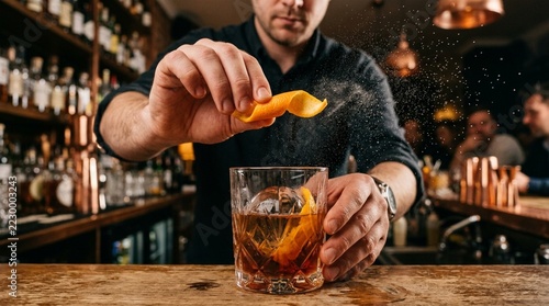 Bartender garnishing cocktail with orange peel zest, close-up of mixology at bar