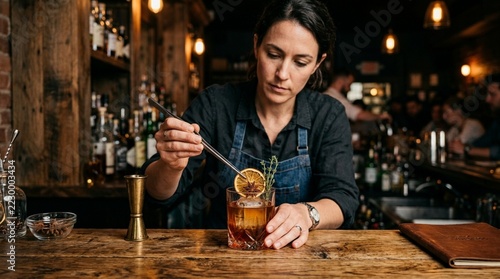 Bartender Garnishing Cocktail with Orange Slice and Herbs