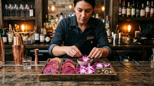 Bartender garnishing cocktail with orchids and dried fruit on bar counter