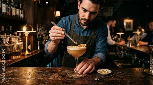 Bartender garnishing cocktail with precision in dimly lit bar