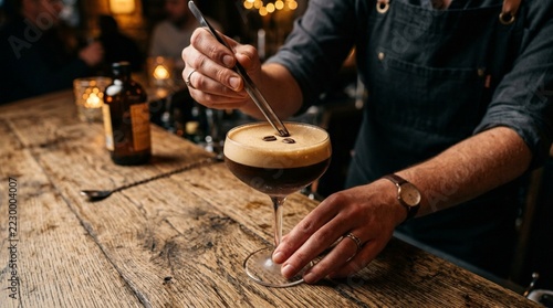 Bartender Garnishing Espresso Martini Cocktail with Coffee Beans on Bar