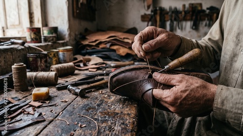 Artisan hands stitching handmade peshawari chappal