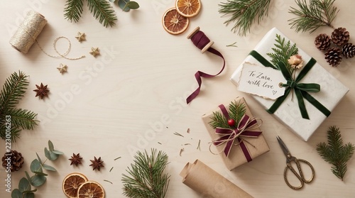 christmas gift warpping  flat lay with copy space