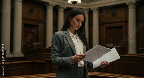Confident professional woman reviewing legal documents in a grand courtroom setting