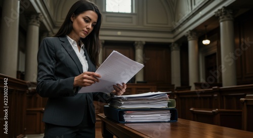 Professional woman reviewing legal documents in a courtroom with wooden paneling and high ceilings
