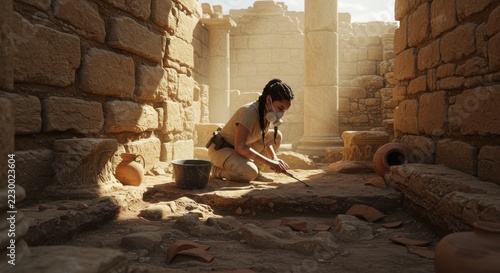 Archaeologist meticulously excavating ancient pottery shards in a sunlit historical ruin