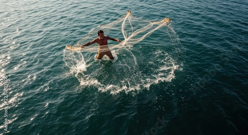 Fisherman casting a net in clear blue waters, with sunlight reflecting off the waves, depicting traditional fishing