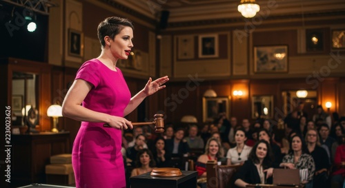 Woman in pink dress auctioning items at a lively event in an elegant venue with attentive audience