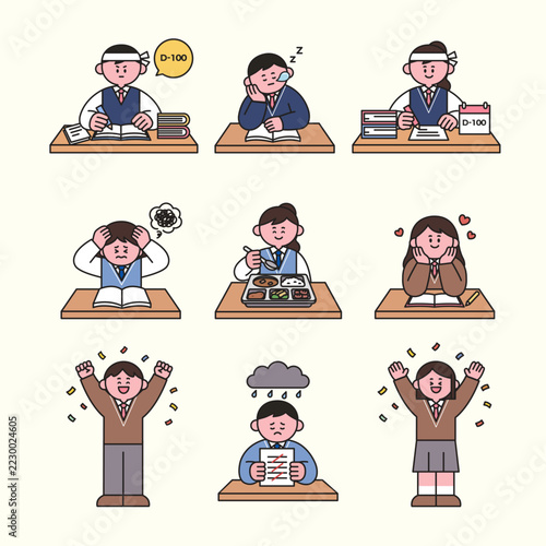 Various Facial Expressions and Actions of Boy and Girl Student Characters Illustration