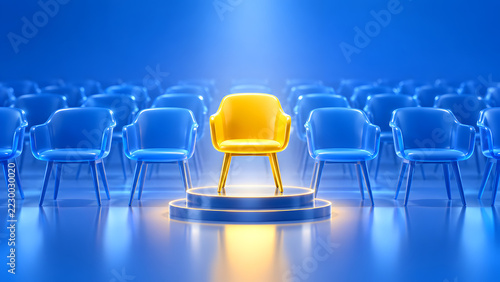 Bright yellow chair on a spotlighted podium among blue chairs