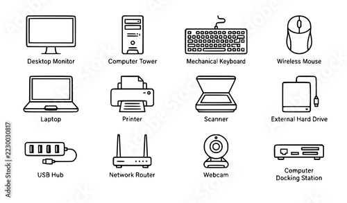 Computer Hardware and Office Technology Line Icon Collection
