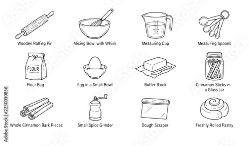 Artisan Baking Tools and Cinnamon Ingredients Line Art Vector Icons