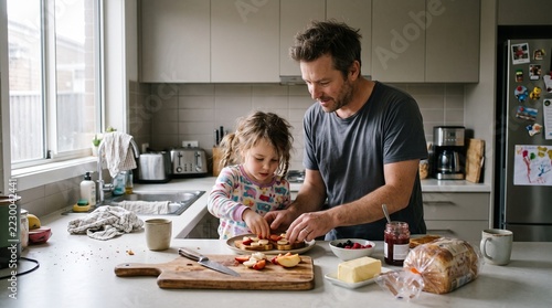 Father and daughter preparing breakfast toast with fresh fruit in home kitchen
