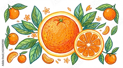Vibrant Orange Fruit with Leaves and Slices Illustration.