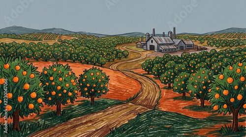 Vibrant Orange Orchard Landscape with Country Road and Farmhouse.