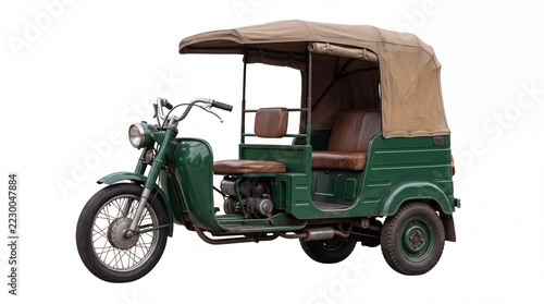 Vintage Green Auto Rickshaw with Beige Canopy.