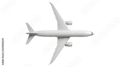 Precise top-down view of a modern white twin-engine commercial passenger airliner isolated against a solid white background, clearly displaying its fuselage, swept wings, engines, and tail assembly