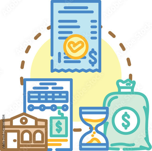 Illustration depicting the home loan pre approval process. Including submitting application forms. Receiving agreement confirmation