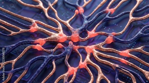 Neuron network with glowing synapses on dark abstract background
