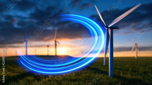 Wind turbines generating clean energy at sunset