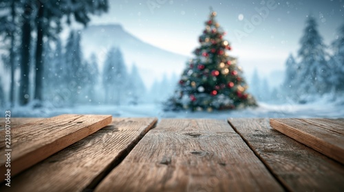 Winter scene with decorated tree and wooden table