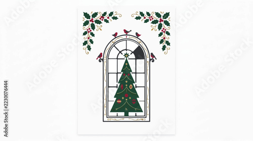 Christmas Vintage Christmas window vector illustration, traditional evergreen tree with ornaments, festive holly and red birds greeting card design jpg
