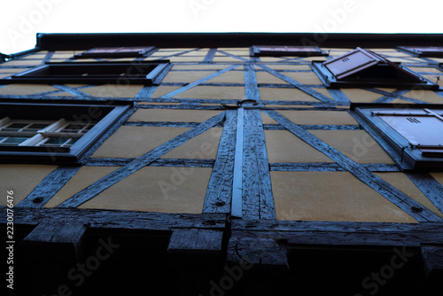 A close-up of the roofs and the typical half-timbered architecture of the houses in Colamr, Alsace 