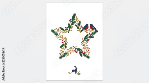 Christmas Rustic Christmas star wreath with winter birds and berries, festive botanical holiday frame, hand-drawn nature illustration for greeting cards jpg