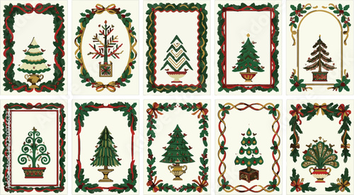 Christmas Modern Christmas tree vector templates, minimalist holiday greeting card backgrounds, abstract winter festive invitation set with gold ribbons jpg