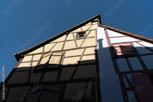 A close-up of the roofs and the typical half-timbered architecture of the houses in Colamr, Alsace 