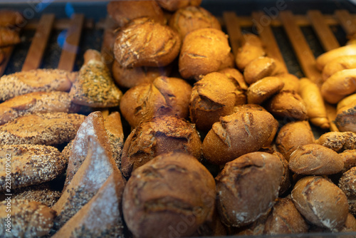 Traditional bread and rolls at a traditional Austrian bakery in Tyrol, Austria: Kaisersemmel, Mohnweckerl, Sesamweckerl, Körnerweckerl, Roggenbrötchen, Körnerbrötchen,  Bauernbrötchen, Vinschger Paarl